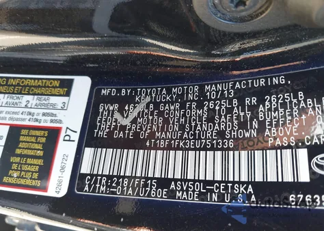 2014 Toyota Camry Se из США, поврежденный, VIN 4T1BF1FK3EU751336